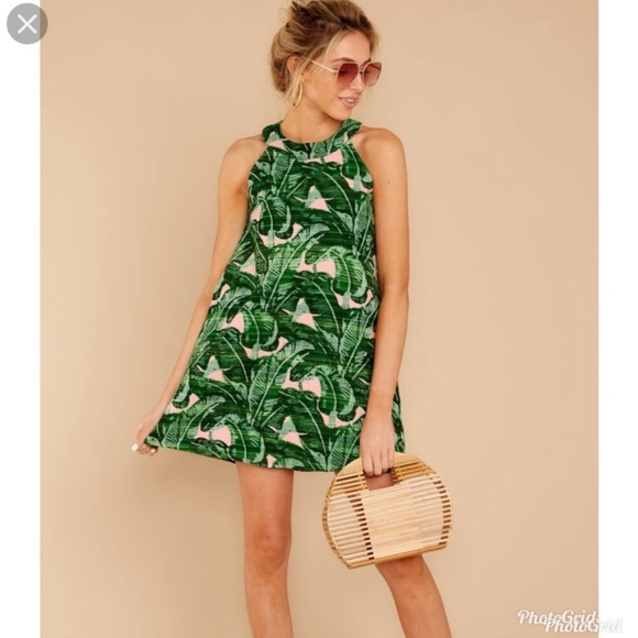 Judith March Dresses & Skirts - Judith March Lady of Summer palm print mini dress high neck green and pink large